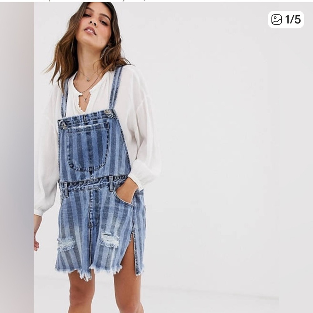 One Teaspoon Blue Striped Denim Overall Dress